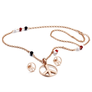 Rose gold jewelry set with peace sign pendant necklace and matching stud earrings
