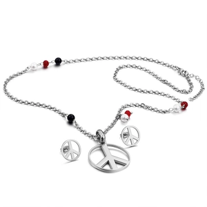 Silver peace sign jewelry set with colorful beads necklace and matching stud earrings