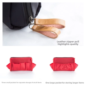 Détail d'une trousse à maquillage avec trois petites poches et un grand compartiment