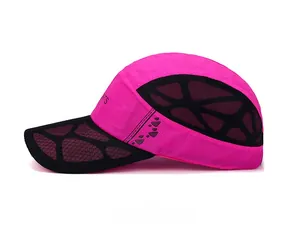 Detail of rose red sports cap with breathable mesh and side SPORTS logo print
