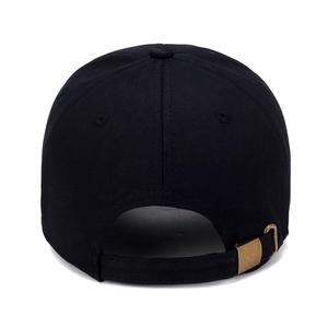 Classic black cotton baseball cap with adjustable metal buckle shown from back view