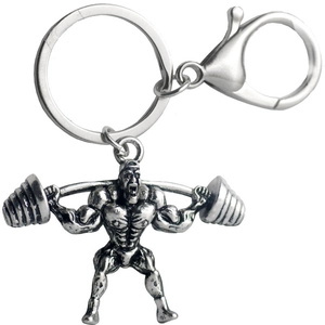 Strong muscular man lifting weights silver metal keychain for fitness enthusiasts