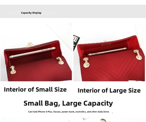 Detail view of red V-quilted jelly bag showing small and large sizes with gold hardware