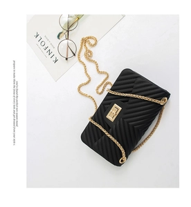 Detail of black V-quilted crossbody bag with gold chain strap and turn-lock closure