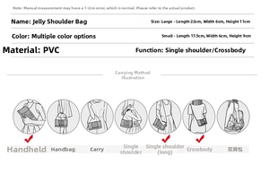 Size chart for PVC jelly shoulder bag with dual dimensions and multiple carrying styles