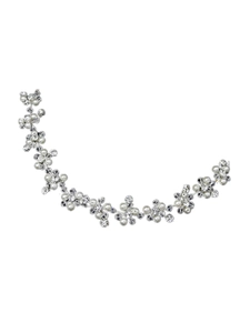 Detail of silver wire bridal headband with clustered white pearls and crystal accents