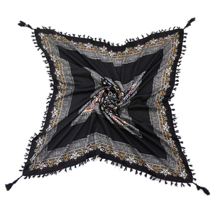 Bohemian black square scarf with ethnic floral patterns and tassel trim details