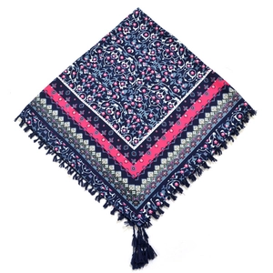 Detailed close-up of Bohemian square scarf featuring ethnic floral patterns and fringe