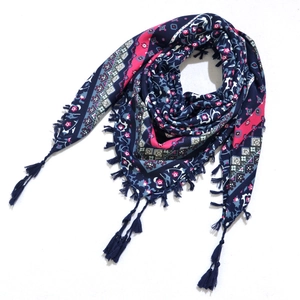 Bohemian navy blue triangular scarf with pink floral patterns and fringe tassels