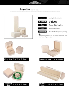 Detail view of beige velvet jewelry boxes showing interior and size specifications