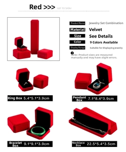 Size specifications for red velvet jewelry boxes including ring, pendant, and necklace cases