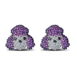 Cute poodle stud earrings with purple and white zircon micro-paving in 925 silver