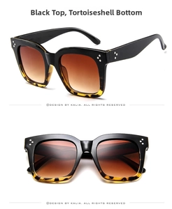 Detail der quadratischen Vintage-Sonnenbrille mit schwarz-Schildpatt-Rahmen und Silbernieten