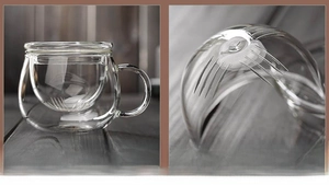 Detail of high borosilicate glass tea cup showing the removable filter and heat resistance