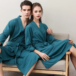 Couples dark teal waffle robe in lightweight breathable fabric with tie-waist design
