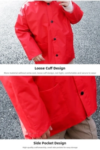 Detail of red cartoon kids raincoat featuring spacious side pockets and loose cuffs