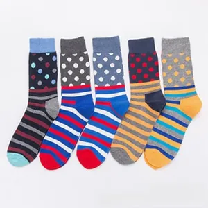 Detailed set of five patterned crew socks with stripes and dots in vibrant mixed colors