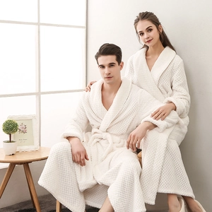Thick white flannel couple bathrobes with waffle texture and shawl collar design