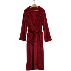 Peignoir en flanelle rouge foncé pour couples avec col matelassé et ceinture nouée