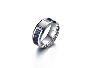 Macro view of 8mm stainless steel ring for men with blue carbon fiber and DAD engraving