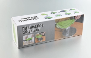 Close-up of the professional retail packaging for the green clip-on adjustable strainer