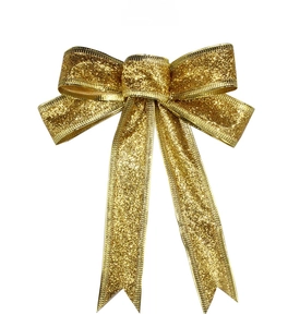 Detail of 15cm sparkling gold glitter Christmas bow with textured woven edges