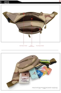Détails du sac banane camouflage avec plusieurs compartiments et capacité de rangement interne