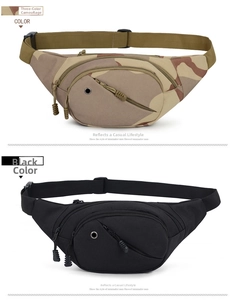 Détails des sacs banane tactiques multipoches en camouflage et noir avec port casque