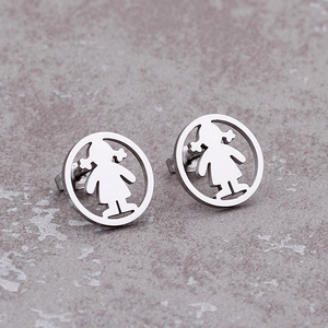 Pair of silver titanium steel earrings featuring a minimalist girl silhouette design