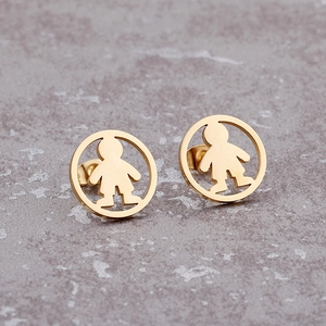 Golden titanium steel stud earrings with cute hollow boy charm and pearl accent