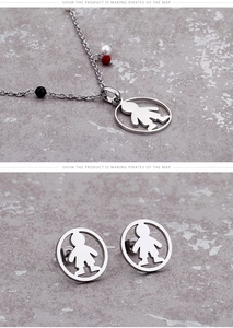 Detail of freshwater pearl necklace and boy pendant earrings in stainless steel set