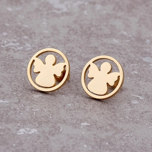 Elegant gold hollow angel wing stud earrings in polished titanium steel on marble