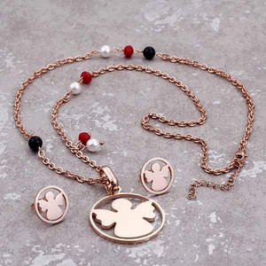 Rose gold angel silhouette necklace and earrings set with colorful beads on a gray background
