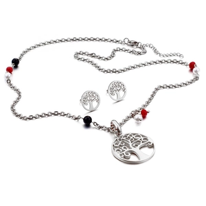 Silver tree of life jewelry set with colorful beads necklace and matching stud earrings