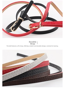 Dettaglio di sottili cinture in pelle PU da donna in vari colori con fibbia dorata