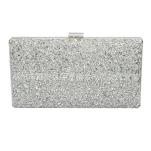 Elegant silver glitter evening clutch bag with rectangular metal clasp and chain strap