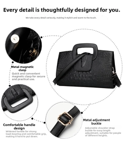 Detail of black crocodile texture handbag with magnetic clasp and adjustable strap