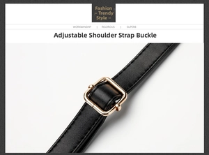 Detail of black crocodile texture shoulder strap with adjustable gold metal buckle