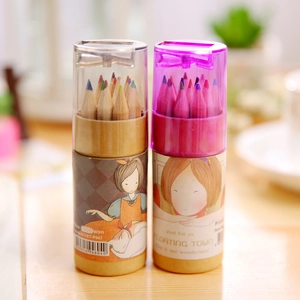 Children's 12-color mini pencils in portable tube with sharpener lid on wood surface