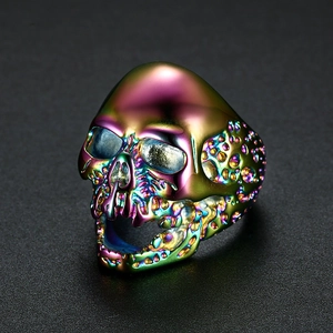 Rainbow plated stainless steel skull ring with punk vintage texture shown from a side angle