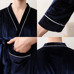 Luxurious dark blue velvet long bathrobe with white piping and V-neckline for women and men