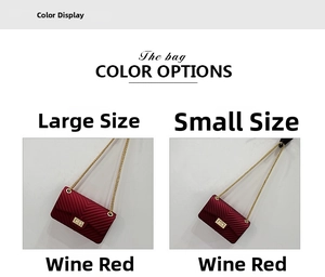 Detail view of wine red V-quilted chain crossbody bags in large and small size options