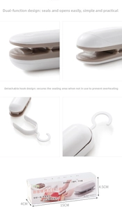 Detail view of mini plastic bag sealer with 15cm dimensions and protective safety hook