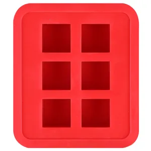Top view of red 6-cavity square silicone ice cube mold for baby food and baking
