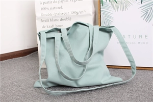 Detail of a minimalist mint green canvas tote bag placed on a grey textured carpet