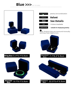 Navy blue velvet jewelry box collection showing ring, pendant, and necklace cases