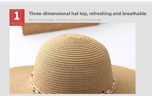 Detailed view of breathable woven straw sun hat with decorative colorful beaded cord