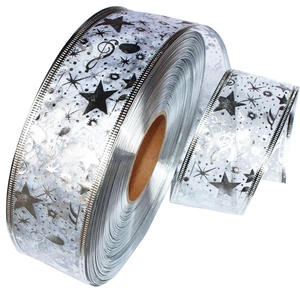Ruban de Noël argenté de 2m avec étoiles noires et notes pour décoration de sapin