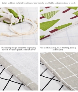 Detail of drawstring cotton linen pouches showing breathable fabric and Christmas prints