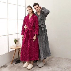 Thick flannel couple bathrobes in rose red and dark grey with pineapple lattice texture